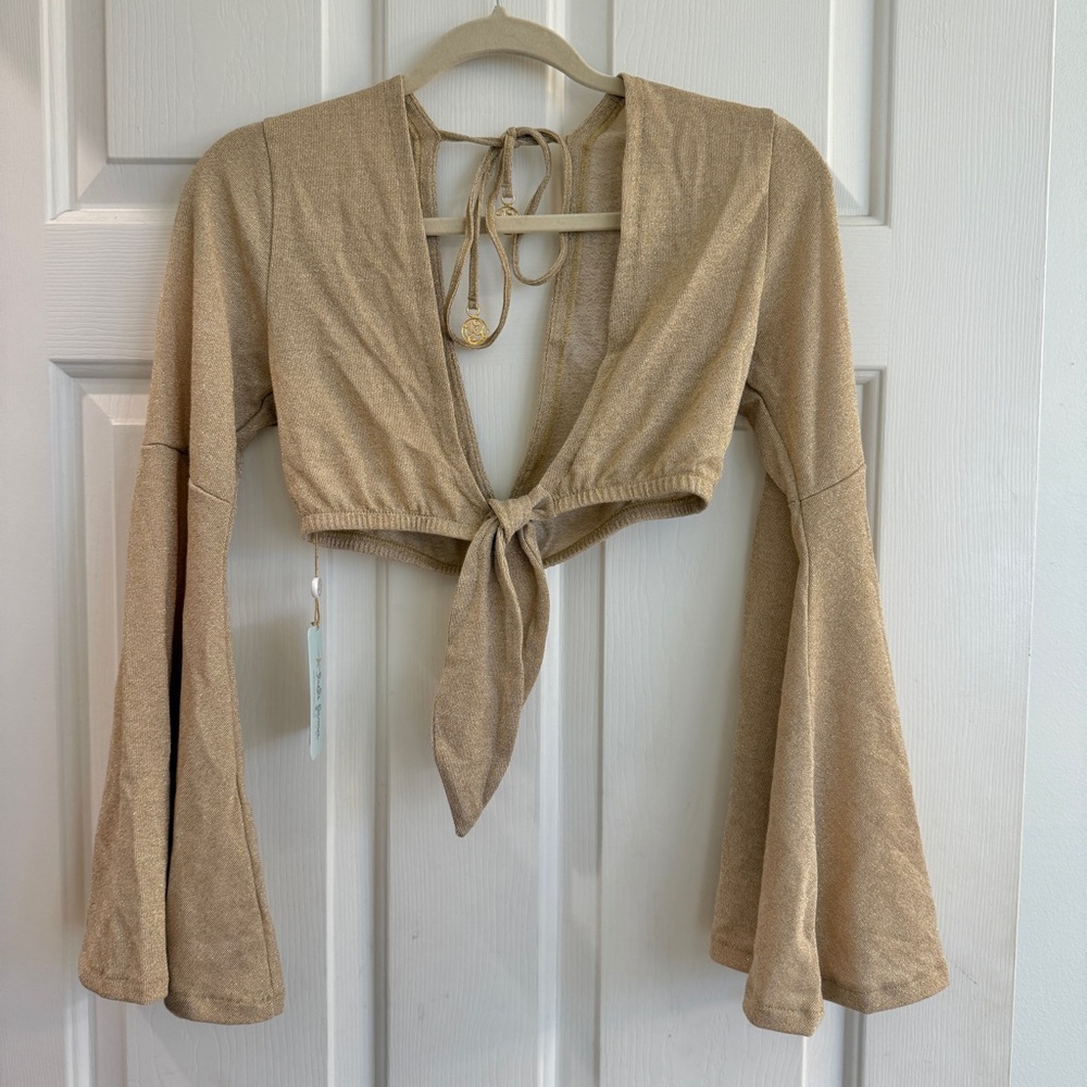NWT Luli Fama Bell Sleeve Gold Tie-Front Crop Top